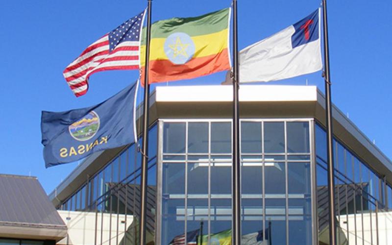 La versión actual de la bandera de Etiopía se adoptó el 31 de octubre de 1996. Está compuesta por tres franjas horizontales de igual tamaño: la superior es de color verde, la central amarilla y la inferior roja. En la parte central, ocupando la franja central y parte de las exteriores, figura el escudo de Etiopía, formado por un círculo azul con una estrella dorada de cinco puntas