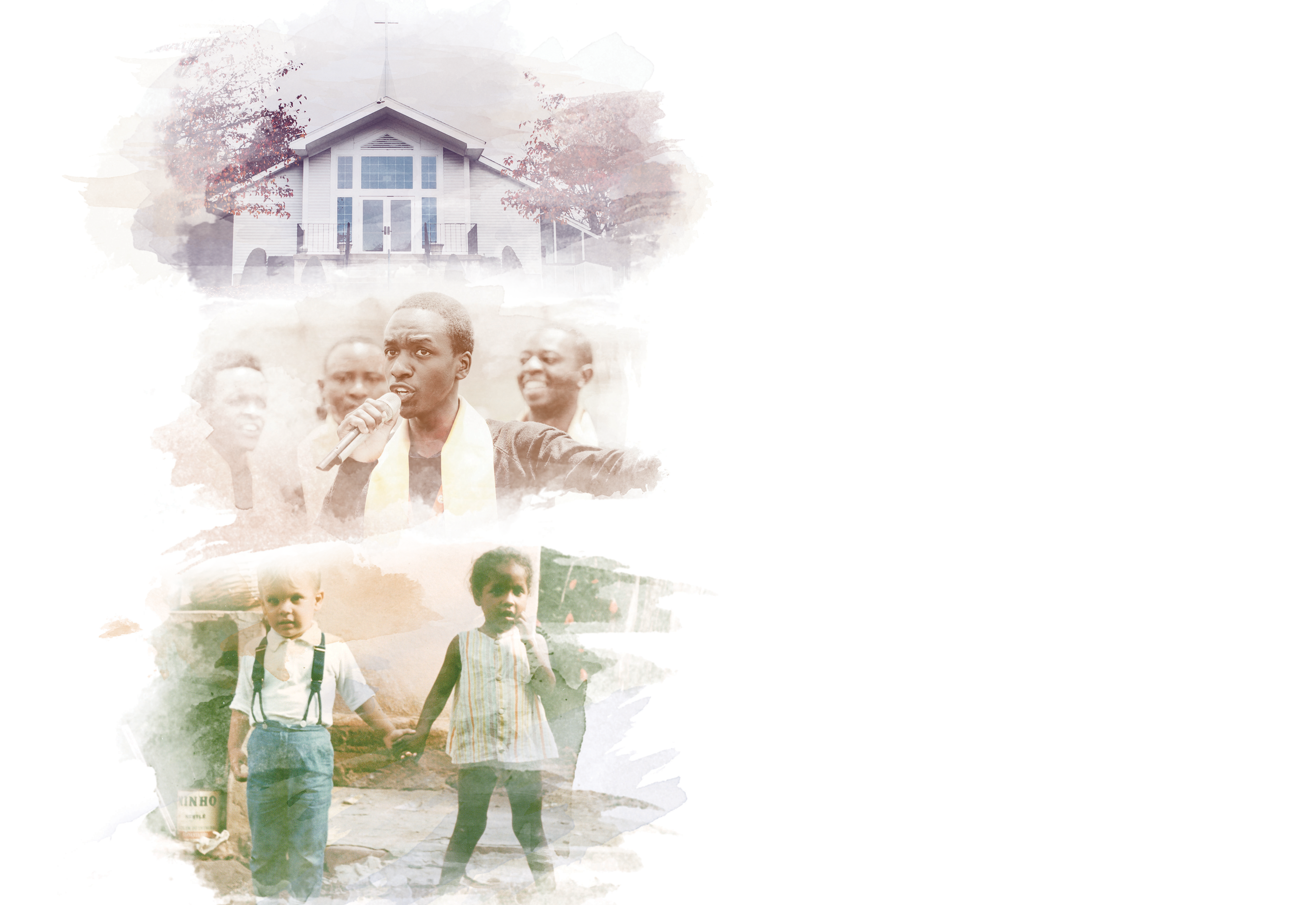 A montage of pictures depicting people, children, and a church