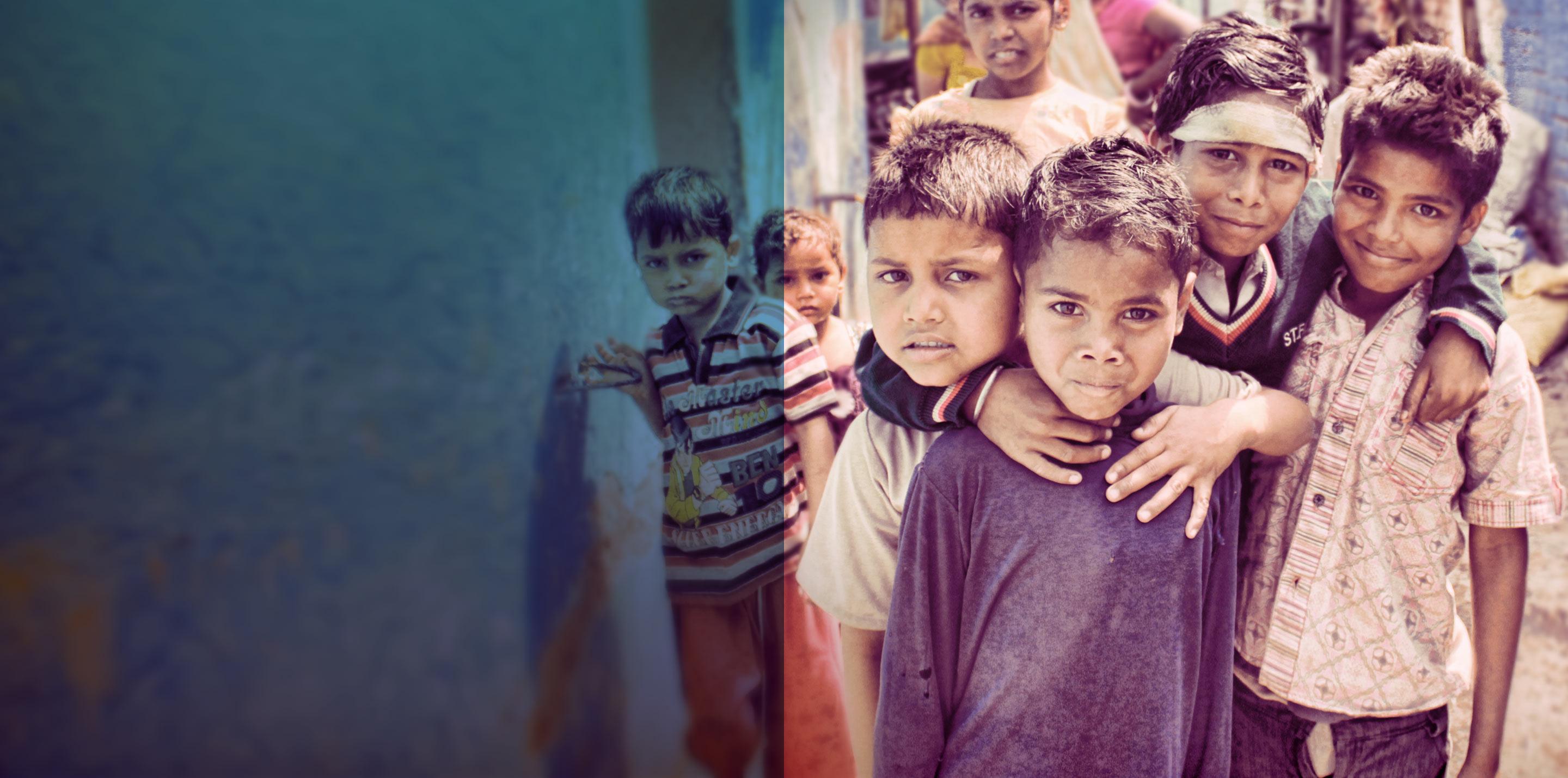 A group of children looking at the camera. A blue overlay covers part of the image on the left side.